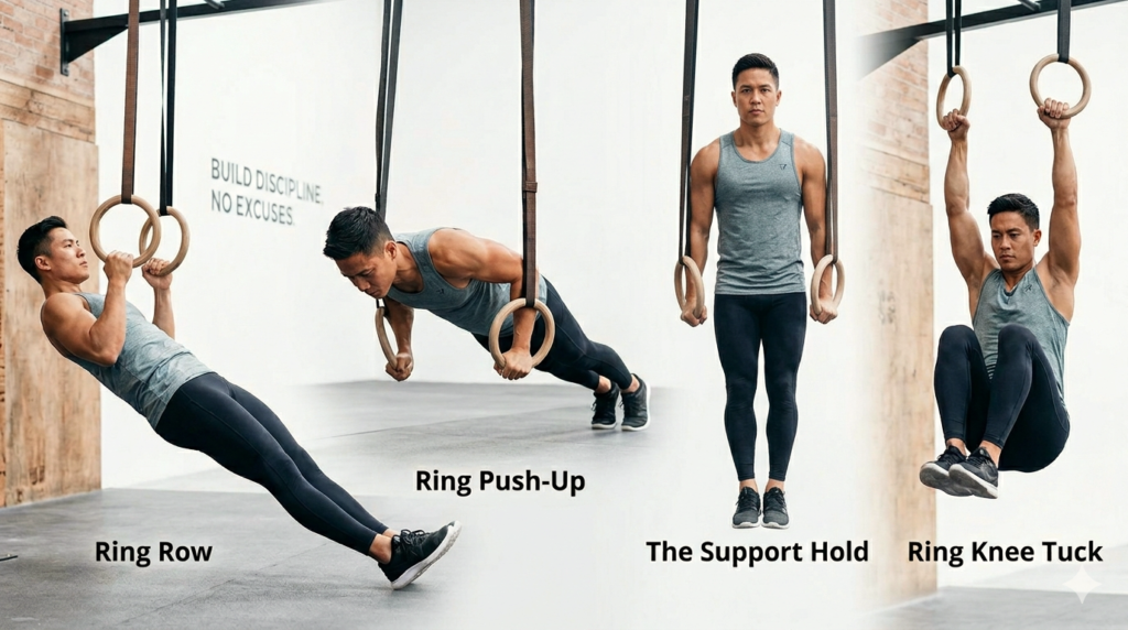 Man performing gymnastic ring rows to build strength and muscles