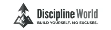 Discipline World brand logo showing a geometric mountain and arrowhead symbol in charcoal grey.